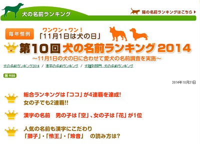 犬の名前ランキング２０１４　アニコム